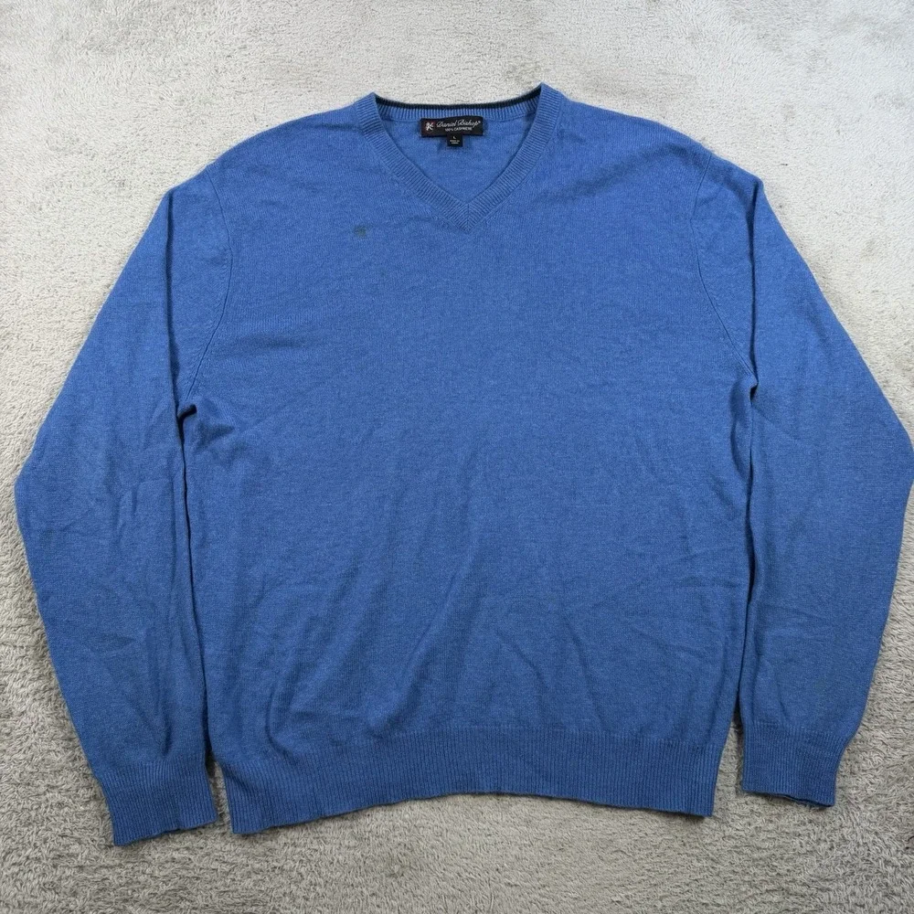 Daniel Bishop Sweater Mens Large Blue 100% Cashmere V-Neck Pullover Soft
